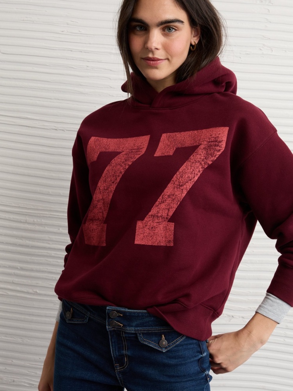 American Eagle Outfitters Burgundy Hoodie with Red Graphic '77'